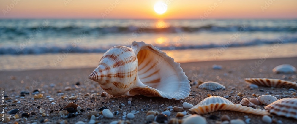 Poster seashell resting on sandy beach at sunset with tranquil ocean waves and clear space for text or imag