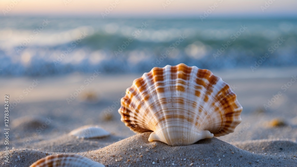 Poster shell on sandy beach with soft ocean waves in the background at sunset, offering tranquility and ide