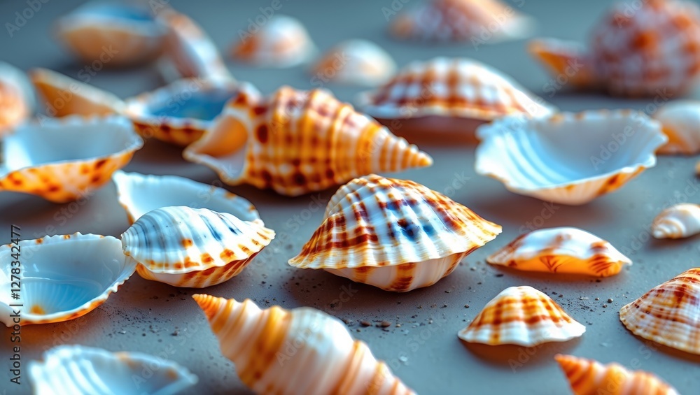 Wall mural colorful sea shells on gray background with minimalist design and space for text or branding