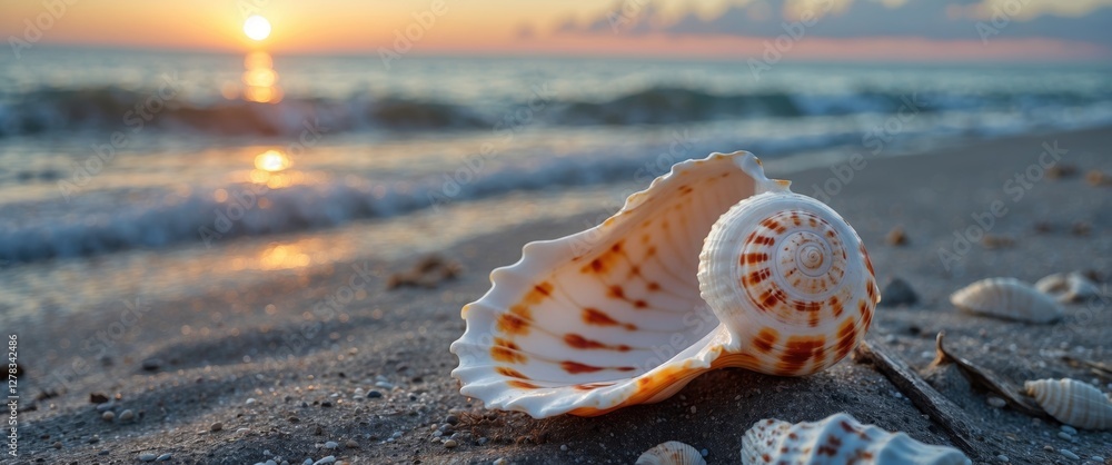 Poster seashells on sandy beach at sunset with gentle waves creating a serene atmosphere and ample space fo