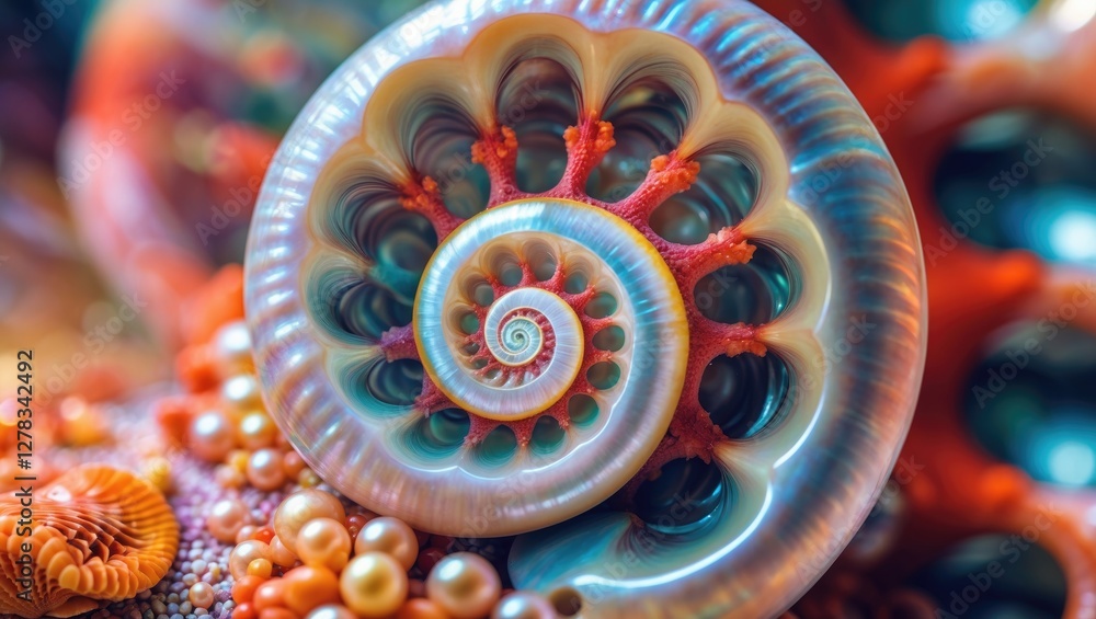 Poster fascinating close-up of a nautilus shell showcasing the fibonacci spiral and vibrant colors with spa