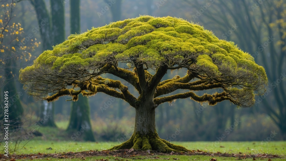 Aufkleber moss covered sheared tree in lush forest setting with soft light and misty background