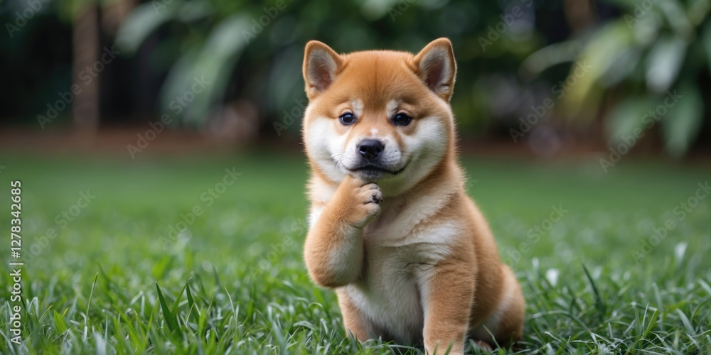 Poster shiba inu puppy sitting on grass scratching face with green background and ample copy space for text