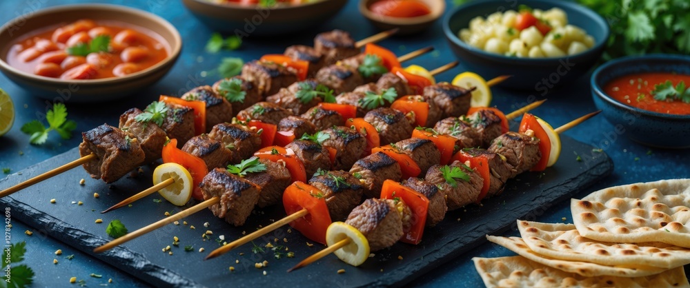 Poster grilled shish kebab skewers served with lavash and assorted dips on a rustic wooden table