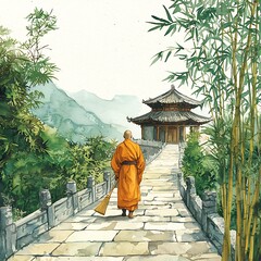 Serene Monk Walking Towards a Temple in a Bamboo Forest.