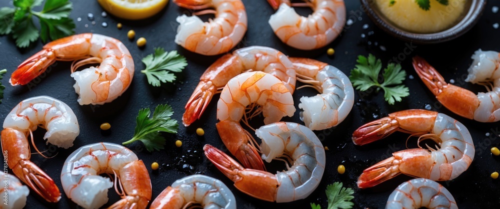 Aufkleber boiled shrimp and prawns on a dark surface with fresh herbs and lemon slices healthy seafood menu co