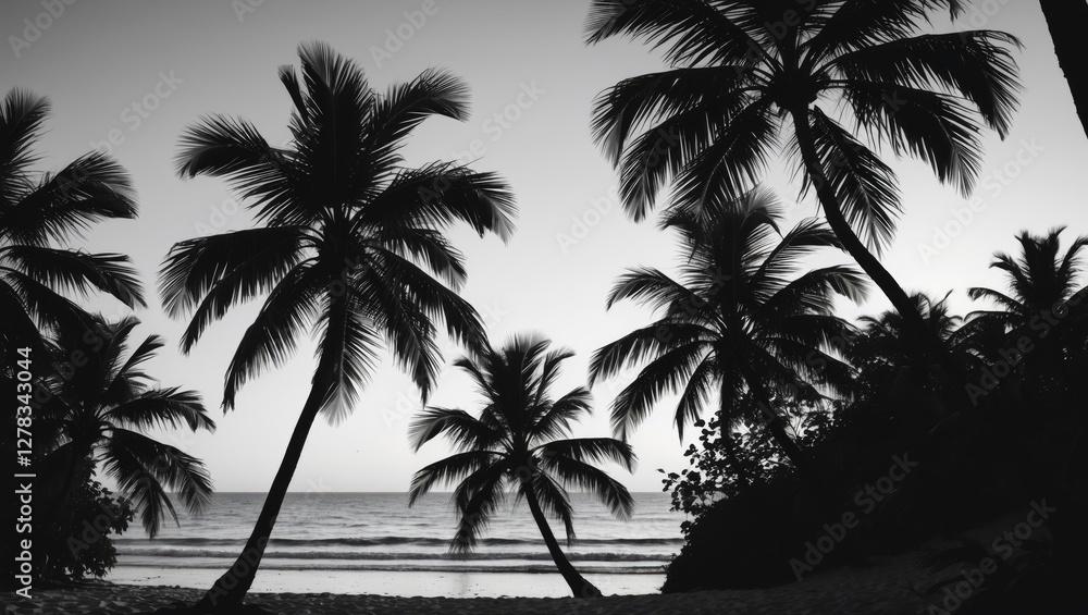 Poster monochrome silhouette of palm trees on a beach at twilight with ocean waves in the background for a 