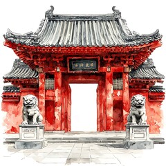 Watercolor Painting of a Traditional Chinese Gate with Guardian Lions.