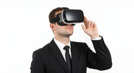 Caucasian business man planning financial plan while using VR goggle. Professional project manager standing and touching VR headset while using visual reality glasses to connect metaverse. Deviation.

