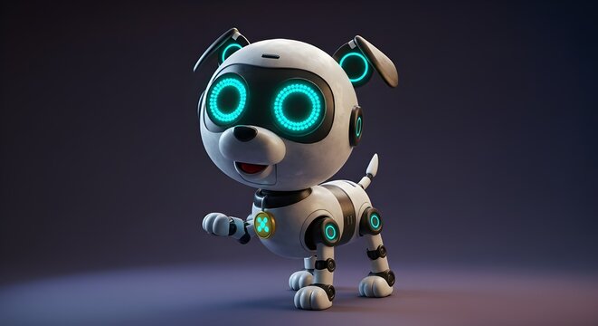 Lindo cachorro robot de dibujos animados con grandes ojos LED: divertido dise&ntilde;o futurista de mascota con inteligencia artificial
