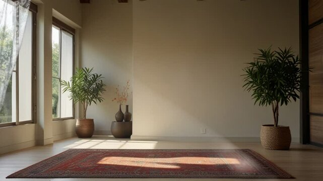 seamless looping 4k time-lapse virtual video animation background of a cozy minimalist living room with natural light, wooden furniture, and green plants