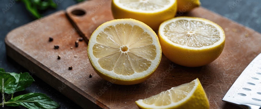 Poster freshly sliced lemons on a wooden chopping board with vibrant colors and ample space for text overla