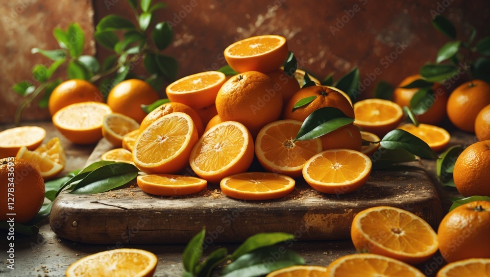 Aufkleber freshly sliced oranges displayed on a rustic cutting board surrounded by citrus fruits and green lea