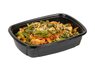 A black plastic container with assorted food items on a white background