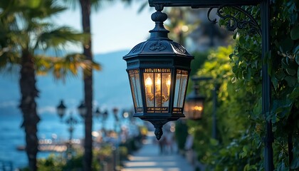 Black lamp post by water path with palm trees