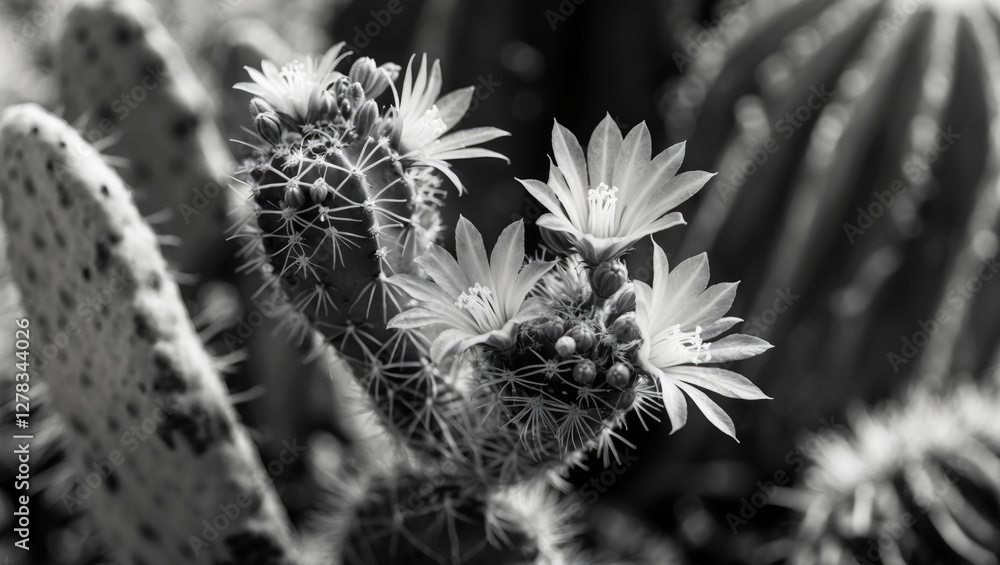 Poster cactus flowers in black and white showcasing delicate petals with spines and textured background pro