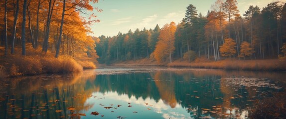Fototapeta premium Tranquil Autumn Reflections in a Forest Lake with Colorful Foliage and Clear Sky Ideal for Nature-Themed Designs and Text Overlay