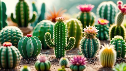 Fototapeta premium Vibrant assorted cacti and succulents in a sunlit garden setting perfect for decorative agriculture concepts and nature-inspired designs.
