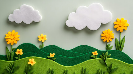 A cute wool felt scene with simple green hills, white clouds, and yellow flowers
