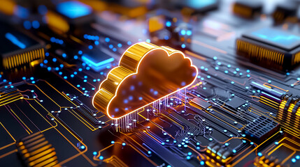 Glowing Golden Cloud On Circuit Board Abstract Digital Illustration