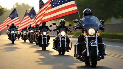 Motorcycle riders parade with American flags along a sunny street in the afternoon