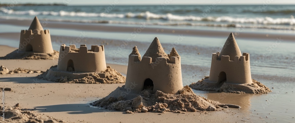 Poster sandcastles on a beach with gentle waves and empty space for text, showcasing a serene coastal scene