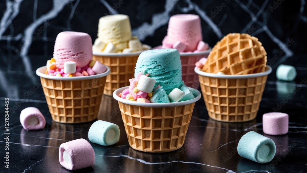 Poster waffle ice cream cups filled with colorful marshmallows on a black marble surface with blank space f