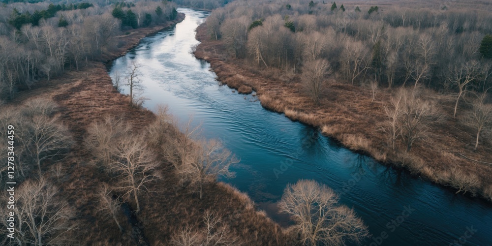 Poster aerial view of serene river meandering through coastal wetland with bare trees and empty space for t