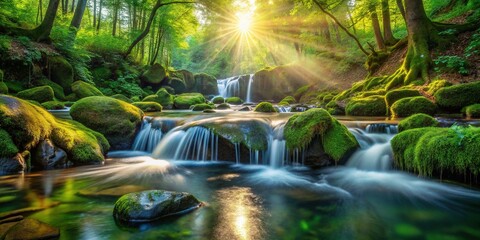 Fototapeta premium Crystal Clear Stream Water Flowing Over Rocks & Waterfall - Nature Background