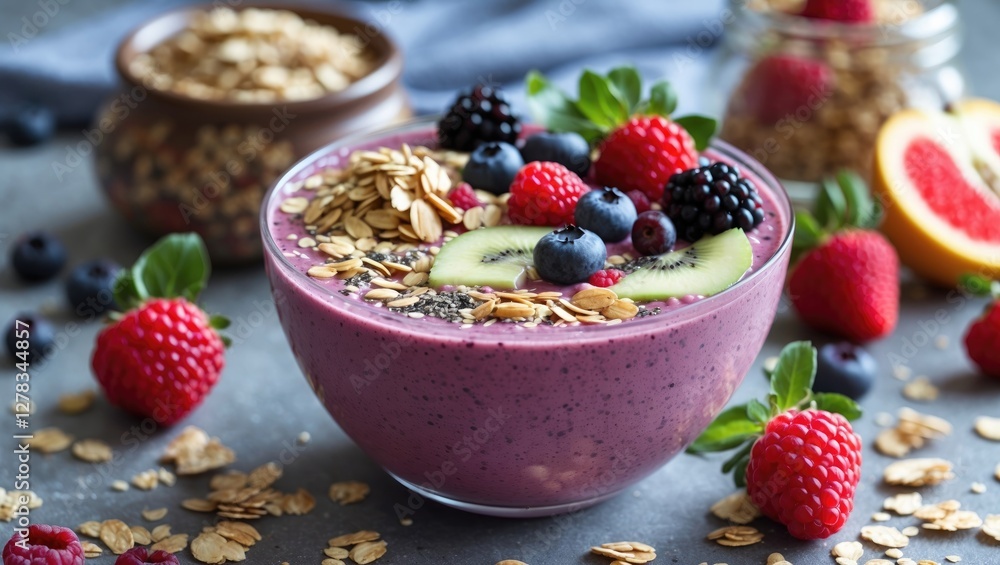 Poster nutritious smoothie bowl topped with fresh fruits berries muesli on a table with granola and empty s