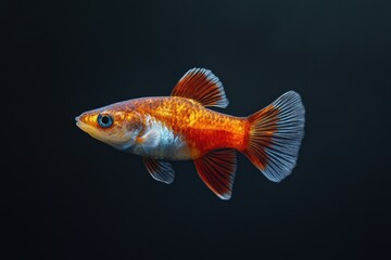 Golden fish with striking blue eye swims in dark water