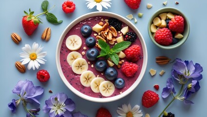 Colorful Smoothie Bowl Topped with Fresh Fruits and Nuts Surrounded by Flowers Healthy Dessert or Breakfast Flat Lay Over Blue Background