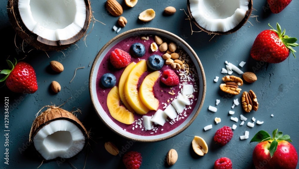 Poster vibrant smoothie bowl topped with fresh fruits and nuts on a rustic surface with empty space for tex