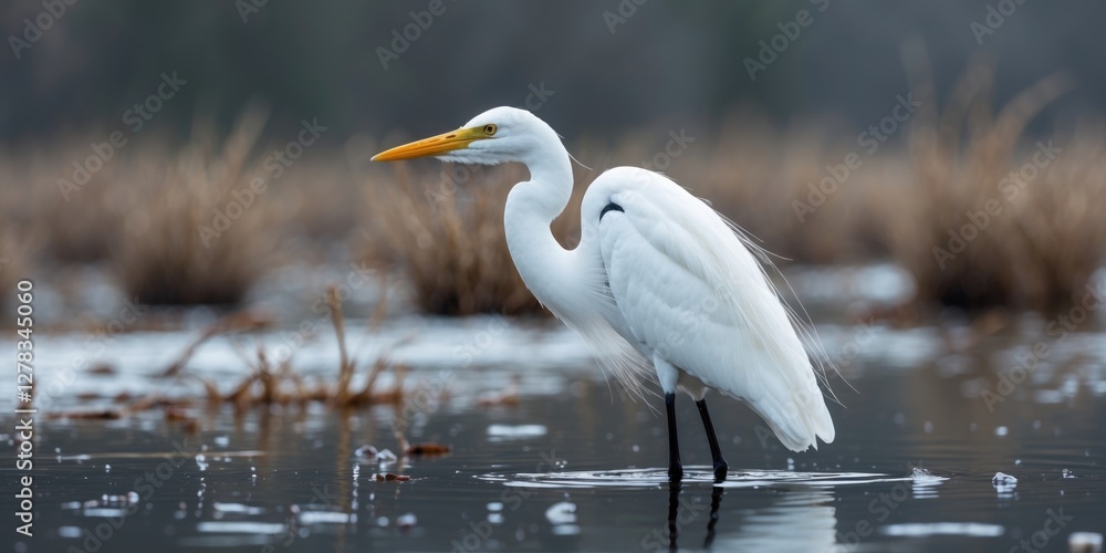 Poster elegant snowy egret standing in marshy water with tranquil background and ample copy space for text 