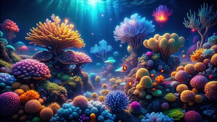 Obraz premium Deep Sea Coral Reef: Bioluminescent Wonders in Dark Blue Waters