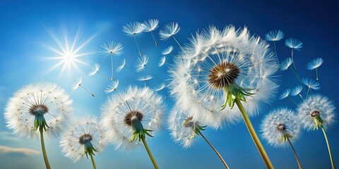 Obraz premium Delicate Dandelion Seeds Floating on a Vibrant Blue Sky - High-Resolution Stock Photo
