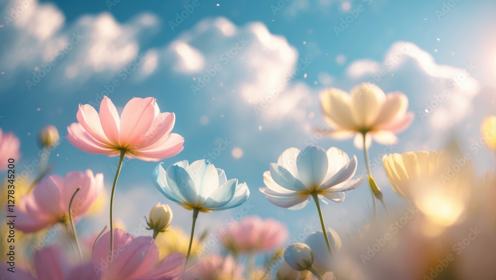 Aufkleber delicate floral display against a summer sky with blurred edges and light effect creating space for 
