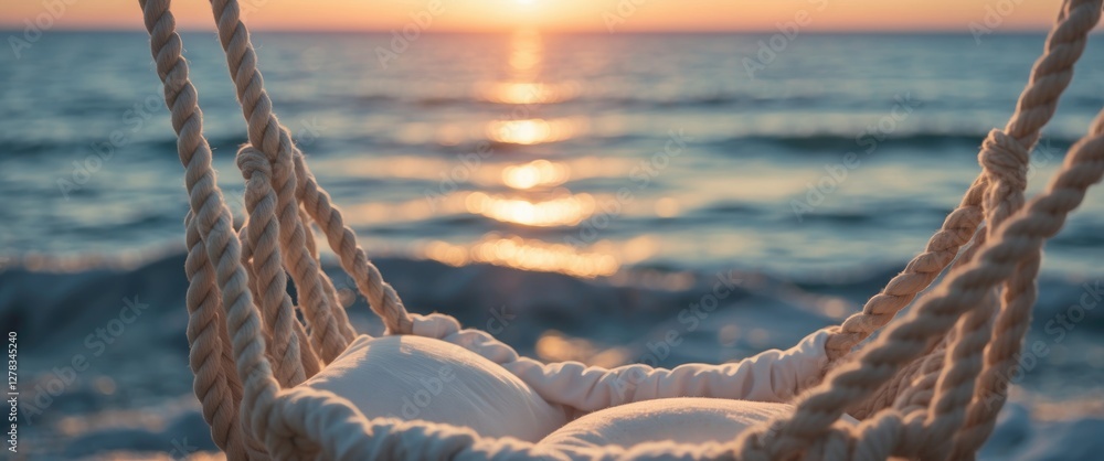 Poster cozy hammock against blurred sunset sea creating tranquil atmosphere with space for your text or mes