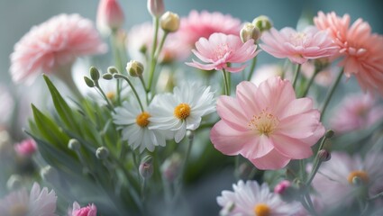 Obraz premium Soft Focus Floral Arrangement with Pink and White Flowers and Blank Space for Text or Overlay Design