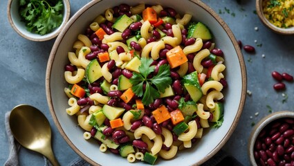 Vibrant Southwestern Elbow Pasta Salad with Fresh Veggies and Zesty Dressing in a Bowl Top View with Copy Space for Text