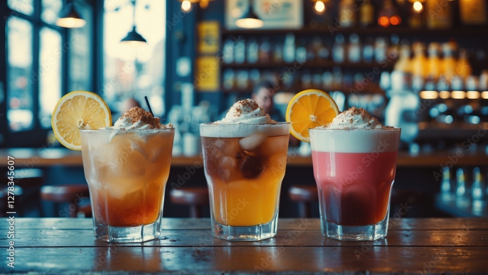 Poster colorful refreshing beverages with garnish served in cafe setting featuring lemon slices and whipped