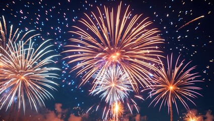 Fototapeta premium Vibrant fireworks display illuminating the night sky with a burst of colors and effects, ideal for festive celebrations and events.