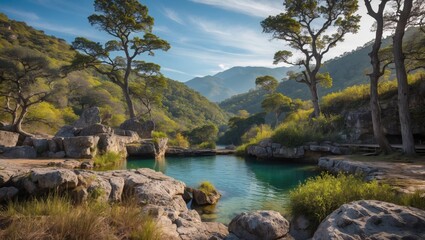 Fototapeta premium Serene Landscape of Spandarian Natural Reservation Featuring Clear Waters and Lush Greenery Amidst Majestic Mountains and Scenic Views