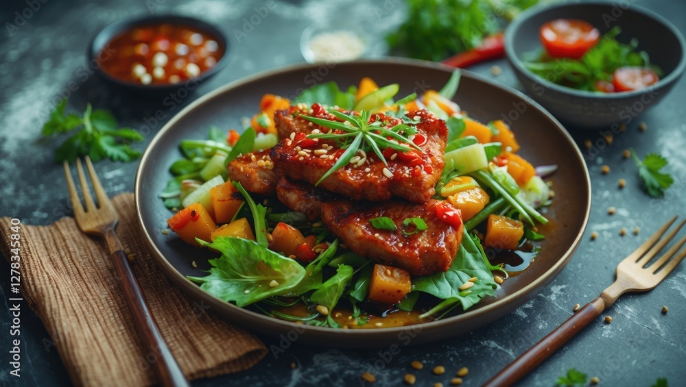 Poster spicy pork fried salad with fresh herbs and colorful vegetables in a bowl on rustic table with empty