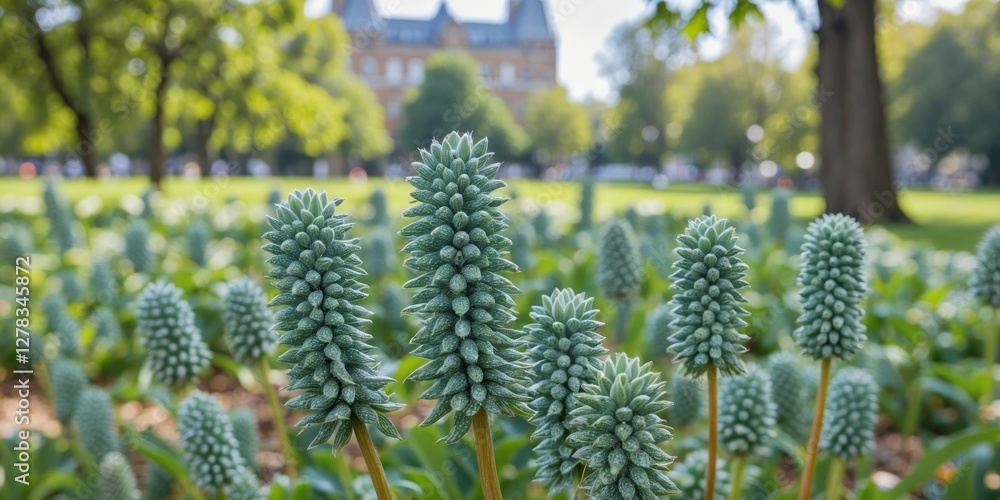 Poster green spikelets in a lush park setting with ample blank space for text overlays and imagery