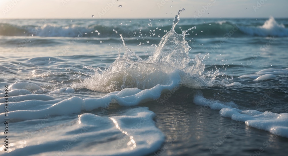 Poster waves crashing and splashing on the shore captured with long exposure showcasing soft water textures