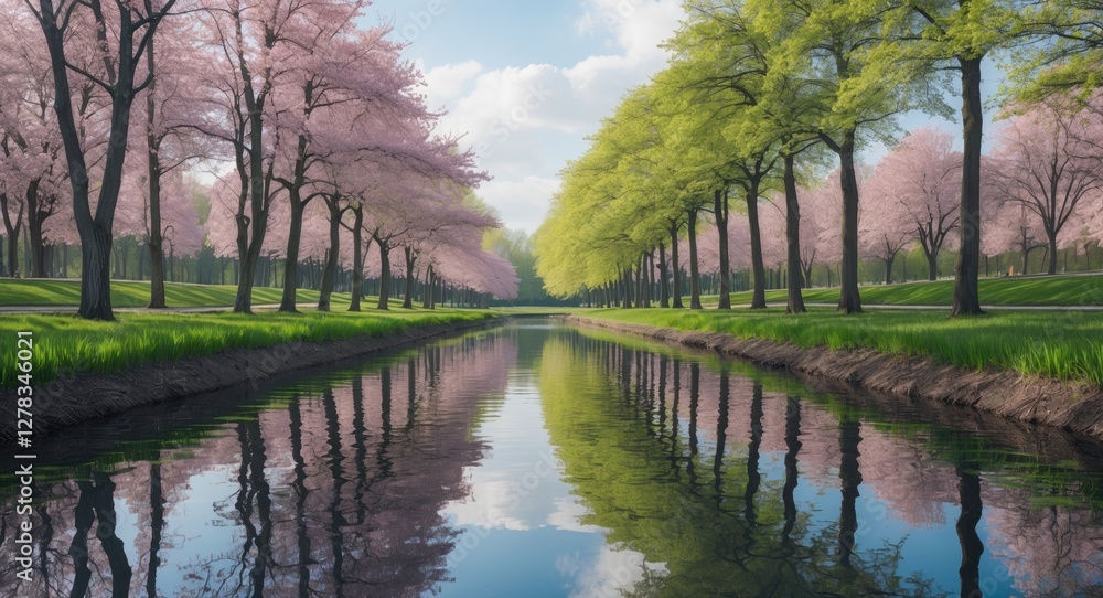 Aufkleber serene spring landscape with cherry blossom and green trees reflected in calm lake under a blue sky 