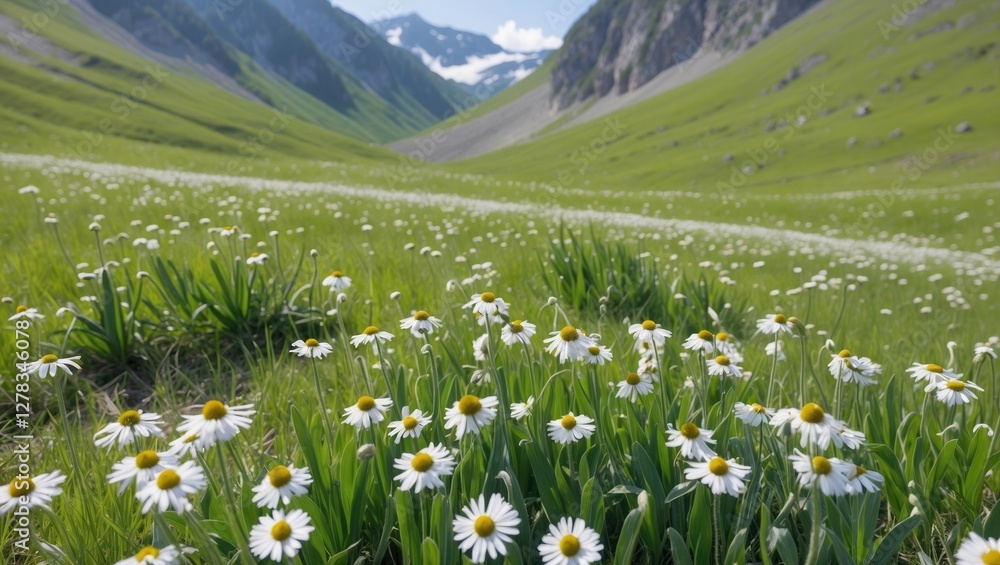 Poster spring meadow with chamomile flowers in a mountain landscape displaying lush greenery and open space