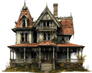 spooky haunted house with intricate architecture, overgrown plants, and weathered appearance, perfect for Halloween themes or ghost stories