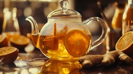 Golden Hour Citrus Ginger Tea in a Glass Teapot